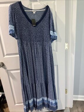 Avenue Navy and Light Blue Patterned Maxi Dress